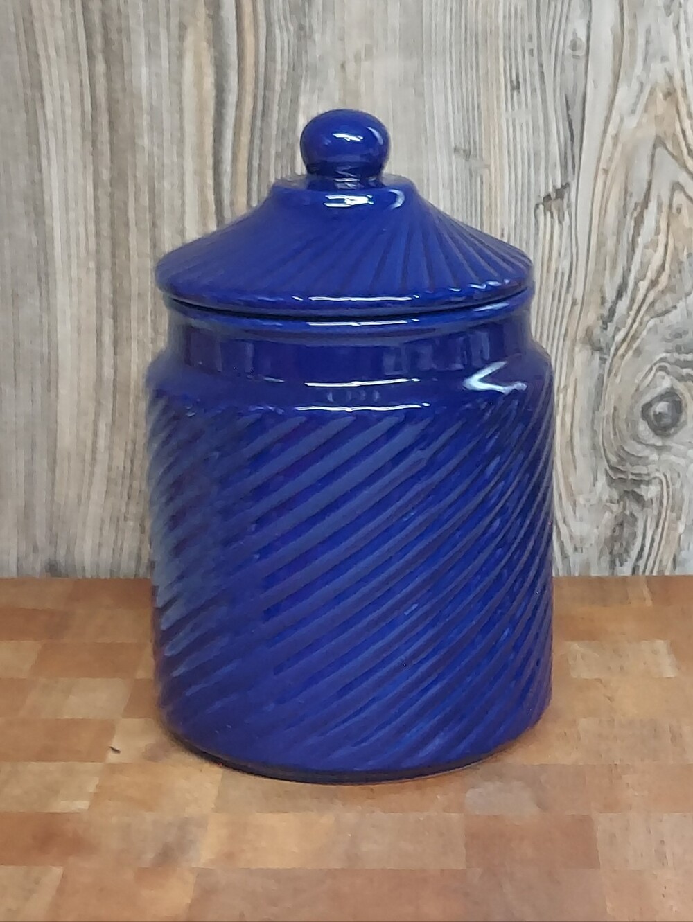 Vintage Cobalt Blue Ceramic Kitchen Canister - Swirl Ribbed Pattern Mid Century